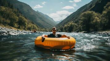 ai generado realidad foto de hombre flotante en río en inflable tubo durante soleado día