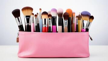 AI generated reality photo makeup bag with cosmetics and brushes