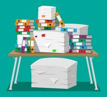 Pile of paper documents and file folders on table. Pile of papers. Office documents heap. Routine, bureaucracy, big data, paperwork, office. Vector illustration in flat style