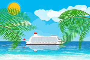 Landscape of islands and beach. Cruise liner ship. Sun with reflection in water and clouds. Day in tropical place. Vector illustration in flat style