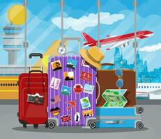 International airport concept. Travel suitcase with stickers of countrys and citys all over the world. Airport terminal and aircraft. Cityscape. Vector illustration flat style