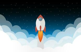 Space rocket in the clouds and sky with stars. Start up concept. Vector illustration in flat design. Can be used for presentation, web page, booklet, etc.