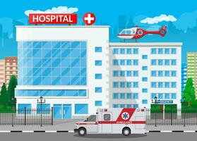 Hospital building, medical icon. Healthcare, hospital and medical diagnostics. Urgency and emergency services. Road, sky, tree. Car and helicopter. Vector illustration in flat style