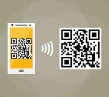 QR code scanning by mobile phone. Capture QR code on mobile phone. Symbol scanning qr code. Concept recognition qr code. Reading qr code. vector illustration in flat design on brown background