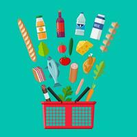 Red plastic shopping basket full of groceries products. Grocery store. Fresh organic food and drinks. Vector illustration in flat style