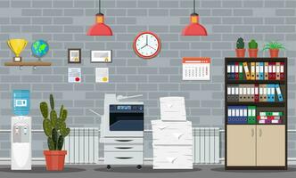 Pile of paper documents and printer. Office building interior. Pile of papers. Office documents heap. Routine, bureaucracy, big data, paperwork, office. Vector illustration in flat style