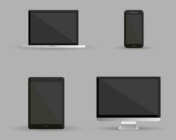 Modern devices set. Computer monitor, smartphone, laptop and tablet pc. Vector illustration on grey background