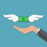 Dollar with wings flying at buisness man hand at blue backgound in flat design. Idea for web design, promotion banners, infographic templates. Vector illustration