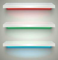 Three empty white plastic illuminated by neon lights shelves with shadows on grey light background. vector illustration