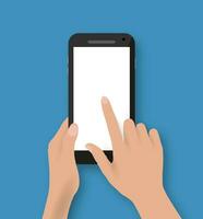 Hand touching screen of black phone on blue backgound with shadows. Vector illustration in flat design. Concept for web design, promotion templates, infographics. vector illustration