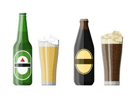 Bottle of dark stout and light beer with glass. Beer alcohol drink. Vector illustration in flat style