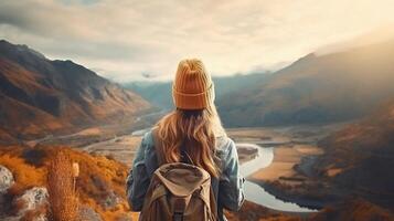 ai generado realidad foto de joven mujer tomando un hermosa ver en el montañas, en un muy soleado día