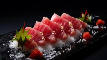 AI generated reality photo Tuna sashimi, raw fish in traditional Japanese style, is very delicious to eat