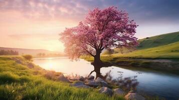 ai generado foto realidad un Perfecto primavera ver y Mañana prado cerca el río