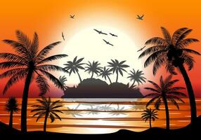 Silhouette of island with palm tree on beach. Sun with reflection in water and seagulls. Sunset in tropical place. Vector illustration