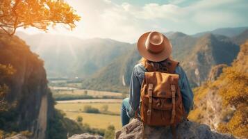 AI generated reality photo of young woman taking a beautiful view in the mountains, on a very sunny day