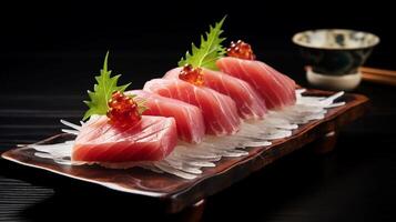 AI generated reality photo Tuna sashimi, raw fish in traditional Japanese style, is very delicious to eat