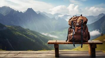 AI generated reality photo Travel backpack on wooden bench with view of mountain landscape and fog, on a very sunny day