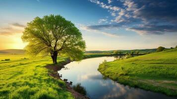 AI generated hoto reality A perfect spring view and morning meadow near the river photo