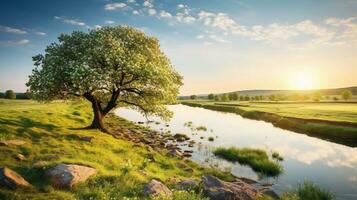 AI generated hoto reality A perfect spring view and morning meadow near the river photo