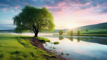 AI generated hoto reality A perfect spring view and morning meadow near the river photo