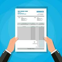 Hand holding invoice. unfill paper invoice form. tax. receipt. bill. vector illustration in flat style on blue background