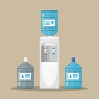 Gray white plastic water cooler with blue full and empty bottles. vector illustration in flat design on brown background