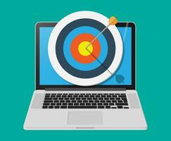 Target with arrow in cente on laptop screen. Goal setting. Smart goal. Business target concept. Achievement and success. Vector illustration in flat style