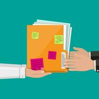 Orange documents folder with paper sheets and sticky notes in hand. Vector illustration in flat style