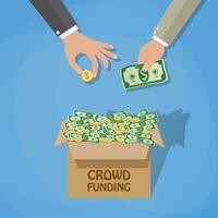 Crowdfunding concept, box full of dollar cash and coins and businessman hands. vector illustration in flat design on blue background