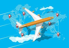 Airplane top view. Passenger or commercial jet. World map in dots. Cartography and geography. Aircrfat lat style. Journey or vacation, business trip. Vector illustration