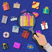 Gift boxes and hand with magnifying glass. Colorful wrapped. Sale, shopping. Present boxes different sizes with bows and ribbons. Collection for birthday and holiday. Vector illustration in flat style