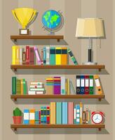 Library wooden book shelf. Globe, lamp, clocks, cactus, cup. Bookcase with different books. Vector illustration in flat style