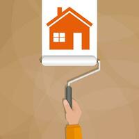 Paint roller with hand make a white line with red house shape on brown wall. vector illustration in flat design