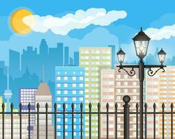 Modern city view. Cityscape with office and residental buildings, iron fence with street lamp, clouds, sky and sun. Vector illustration in flat style