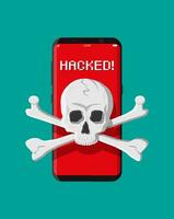 muerte cráneo y huesos en smatphone pantalla. Internet suplantación de identidad, pirateado iniciar sesión y contraseña. computadora red y Internet seguridad concepto. antivirus, software espía, programa malicioso vector ilustración plano estilo