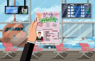 Waiting hall, departure lounge in passanger terminal of airport. Plane before takeoff. Hand with passport and visa, terminal building. Cityscape. Vector illustration in flat style