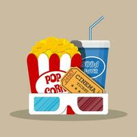 Retro movie set. box with popcorn, soda water glass, 3d glasses. ticket. vector illustration in flat style on brown background