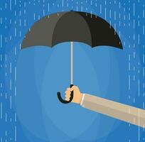 Hand of man holding an umbrella under rain. Vector illustration in flat style on blue background