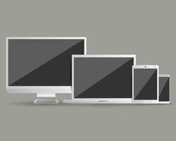 Modern devices set. Computer monitor, smartphone, laptop and tablet pc in silver color. Vector illustration on grey background