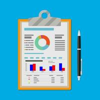 Spreadsheet concept. clipboard with financial reports and pen. vector illustration in flat design