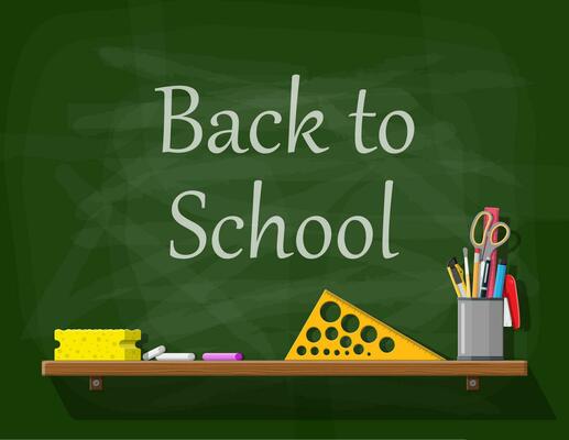 Green chalkboard with wooden frame. Sponge and chalk ruler pen pencil scissors. Lesson in school classroom blackboard. College or university education business training. Vector illustration flat style
