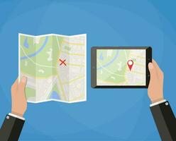 Hand holds tablet with city map gps navigator on tablet screen, another hand holds folded paper city map. comparison of new and old technologies. Navigation concept. vector illustration in flat style