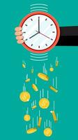 Golden coins falling from clocks. Overspending, losing, bankruptcy, devalue, deficit, losing money. Time is money concept. Vector illustration in flat style