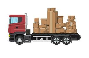 Red delivery truck transporting brown cardboard package. Pile cardboard boxes. Carton delivery packaging open and closed box with fragile signs. Vector illustration in flat style