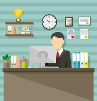 Modern office workspace. Bussinesman in chair, desk, monitor, clocks, trophydiploma. vector illustration in flat style