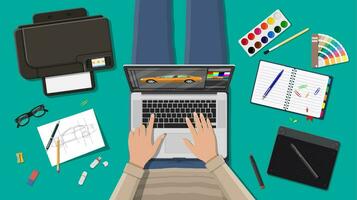 Workplace of freelance designer. Illustrator desktop with tools. Laptop pc, glasses, notes, pen, printer. Sketch on paper blank. Graphic tablet and color palette. Vector illustration in flat style