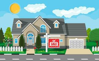 Private suburban house, for sale sign, trees, sun, road, sky and clouds. Real estate, sale and rent house. Vector illustration in flat style