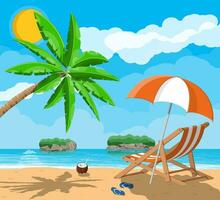 Landscape of wooden chaise lounge, palm tree on beach. Umbrella and flip flops. Sun with reflection in water and clouds. Day in tropical place. Vector illustration in flat style