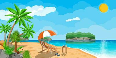 Landscape of wooden chaise lounge, palm tree on beach. Umbrella and flip flops. Sun with reflection in water and clouds. Day in tropical place. Vector illustration in flat style